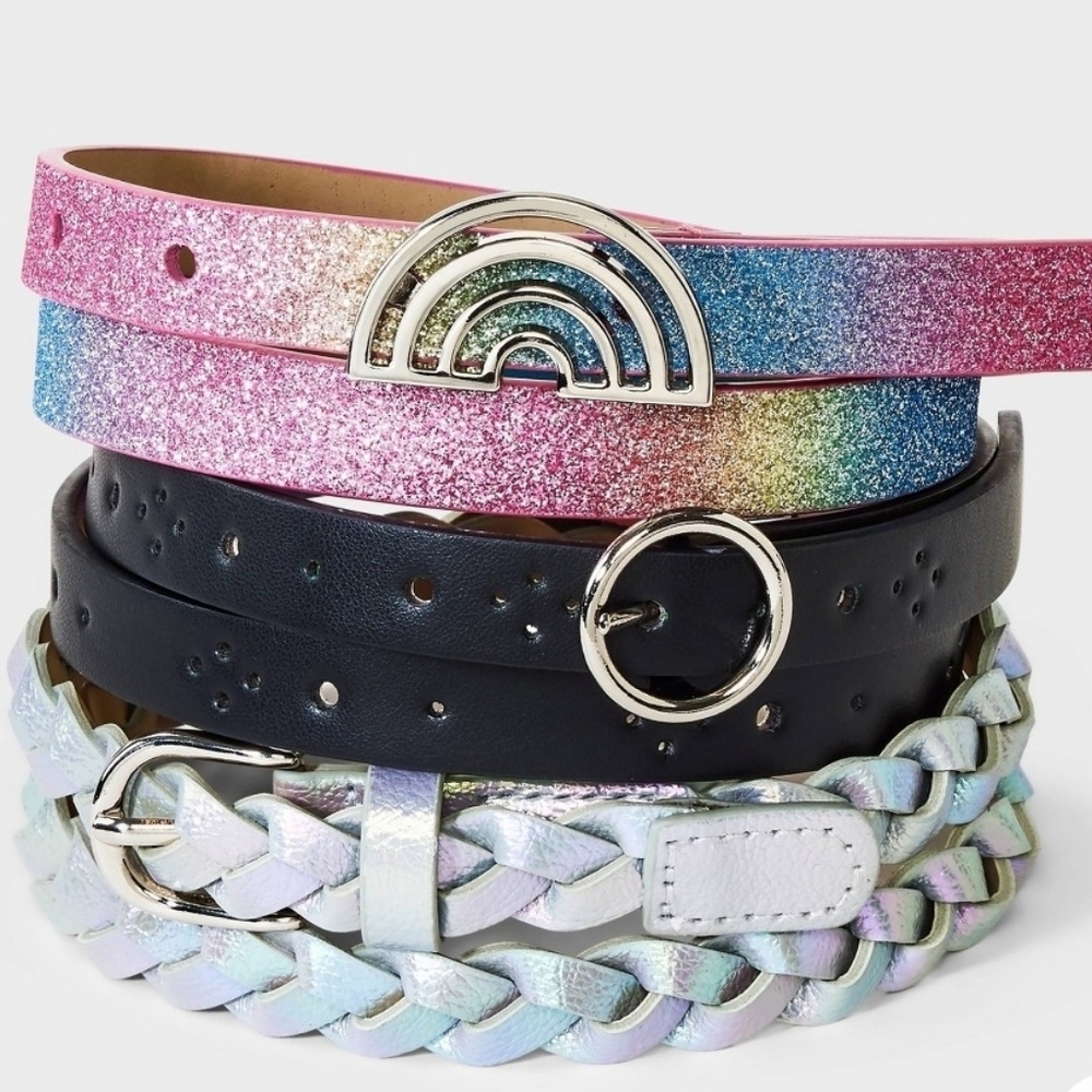 New! Cat & Jack Kids Small 3 piece Adjustable Glitter and Braided Belt Set